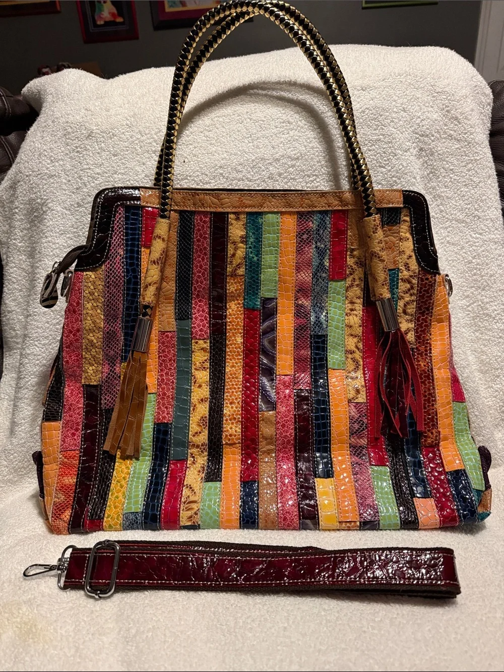 Colorful Striped Patchwork Tote Handbag - Multicolor Leather